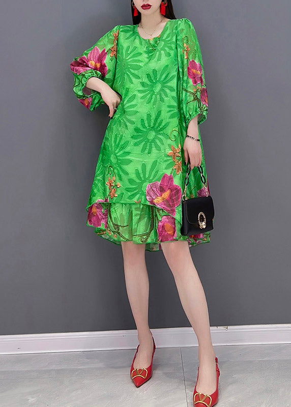 Green O Neck Print Chiffon Tops and Shorts Two Pieces Three Quarter Sleeve