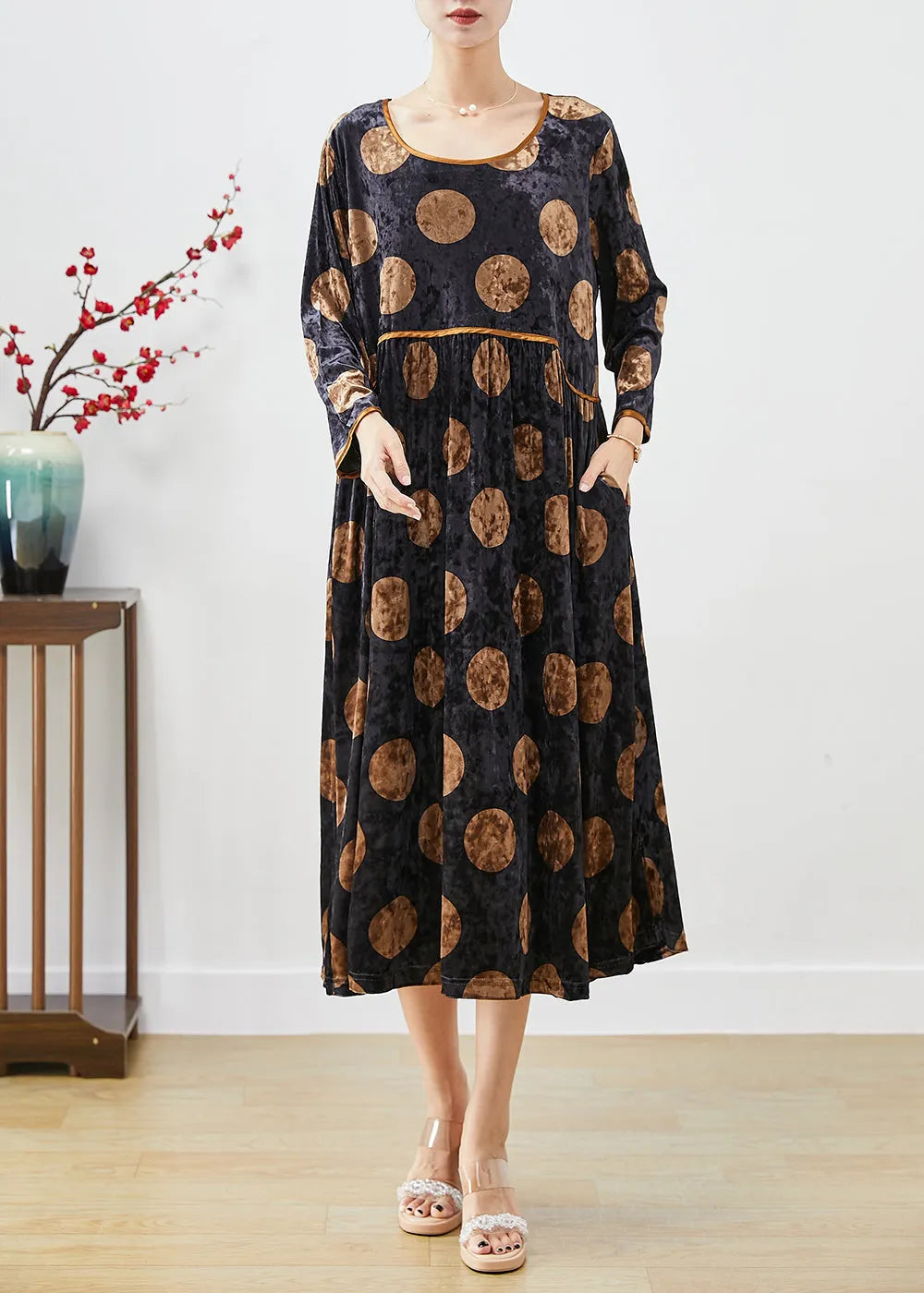 Black Oversized Print Silk Velour Long Dress Fall