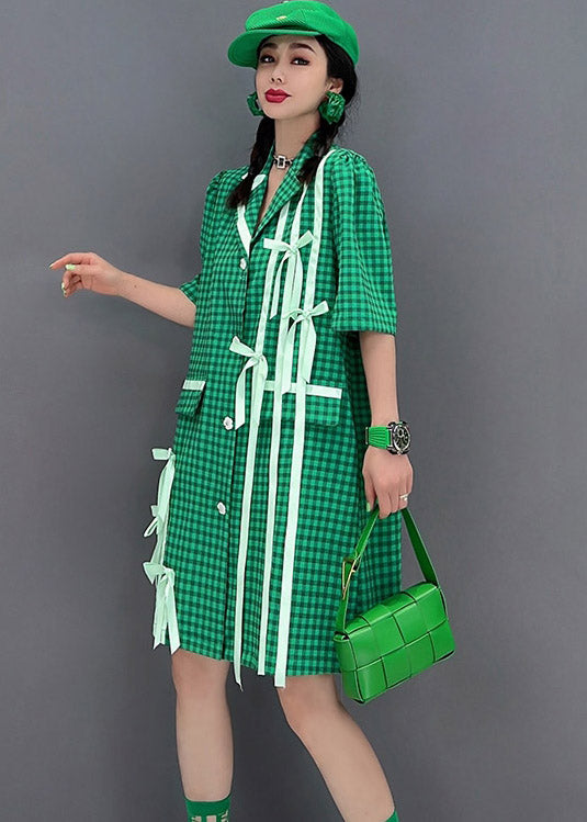 Green Peter Pan Bow Collar Plaid Button Shirt Short Sleeve