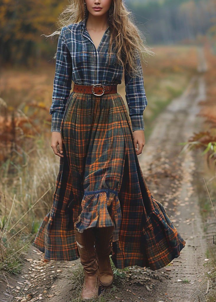 Pastoral Style Plaid Patchwork Cotton Dresses Long Sleeve Fall