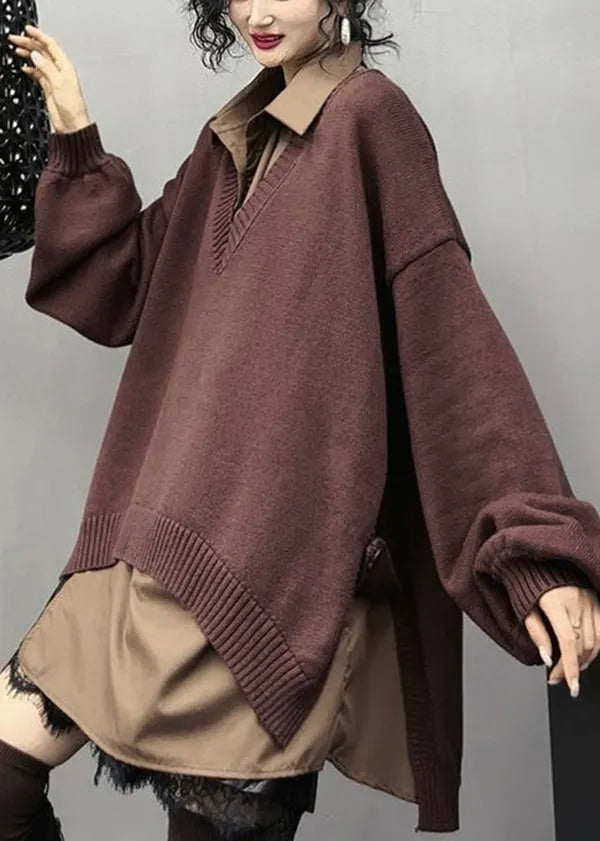 Brown Asymmetrical Patchwork Side Open Knit Dresses Spring