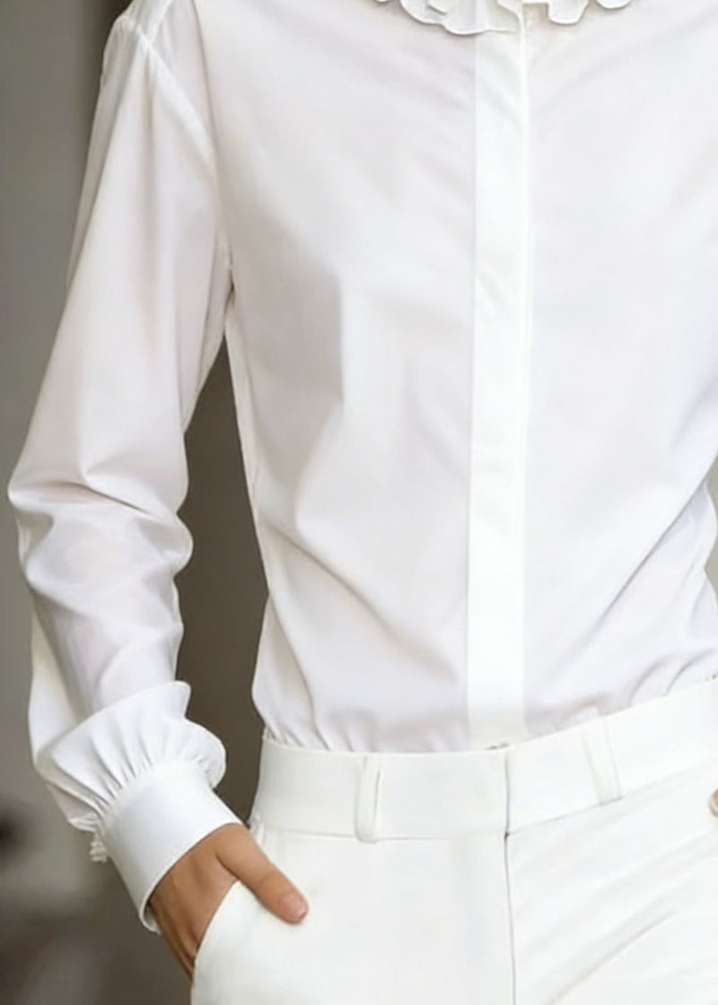 Stylish White Ruffled Button Cotton Shirt Tops Fall