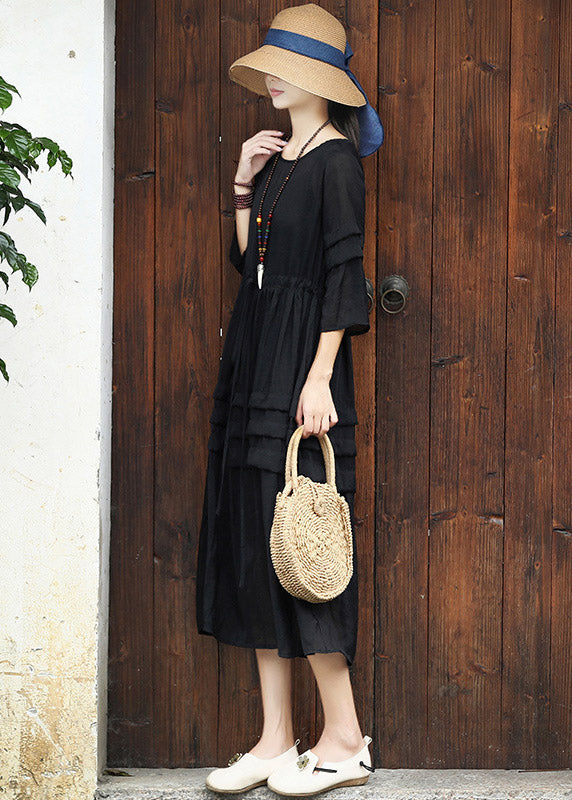 Black O-neck Drawstring Cotton Long Dress Two Pieces Set Summer