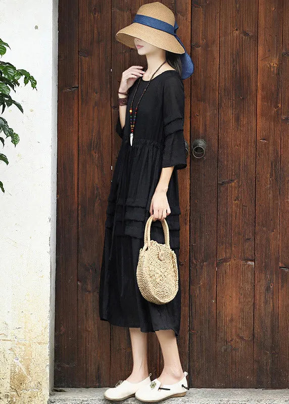 Black O-neck Drawstring Cotton Long Dress Two Pieces Set Summer