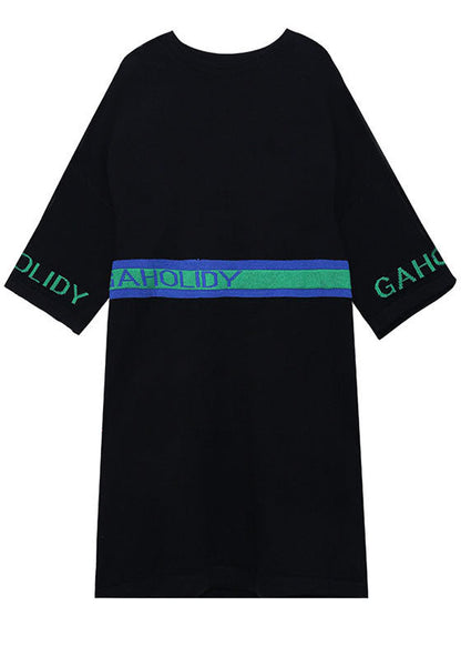Black O-neck Patchwork Fall Holiday Dress Three Quarter Sleeve