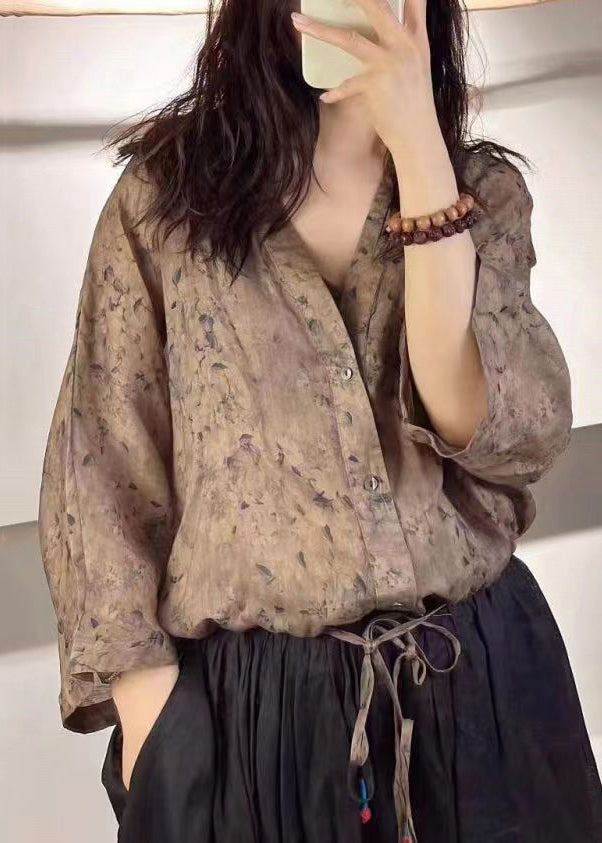 Yellow Print Button Laceup Linen Blouse Tops Fall