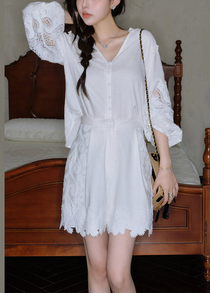 Handmade White V Neck Hollow Out Cotton Two Pieces Set Summer