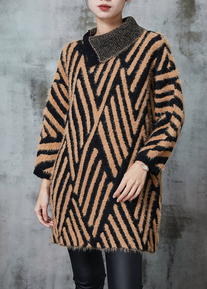 Khaki Turtle Neck Striped Knit Long Sweater Winter