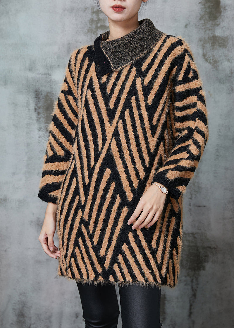 Khaki Turtle Neck Striped Knit Long Sweater Winter