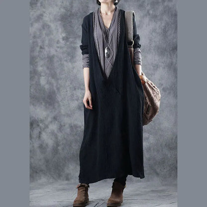 Black Grey V Neck Pockets Patchwork Fall Knit Long Sleeve Dress