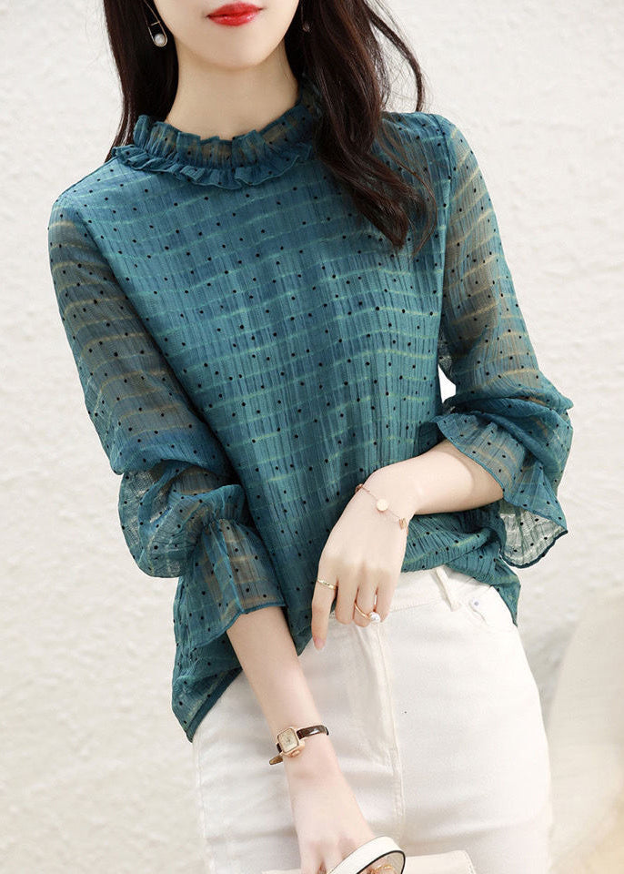 Peacock Green Stand Collar Ruffled Dot Print Chiffon Tops Flare Sleeve