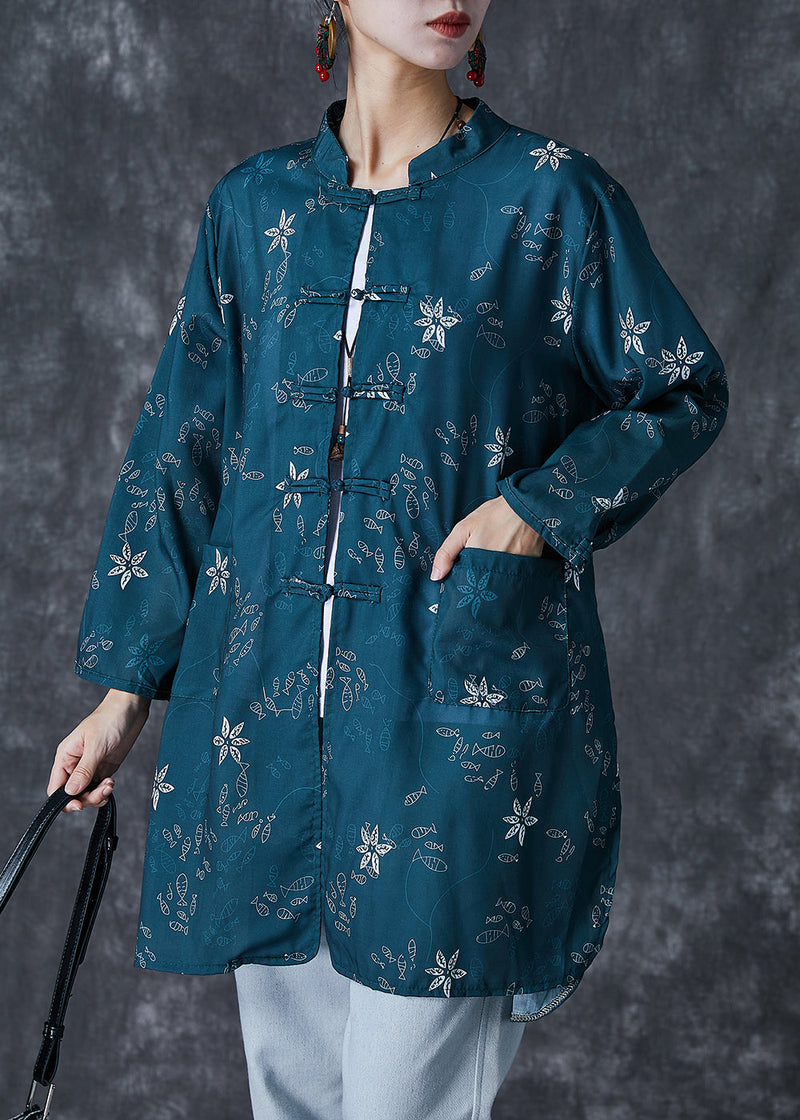 Blackish Green Print Chinese Button Cotton Shirt Fall