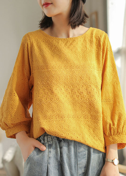 Diy Yellow Hollow Out Embroideried Fall Long Sleeve Tops