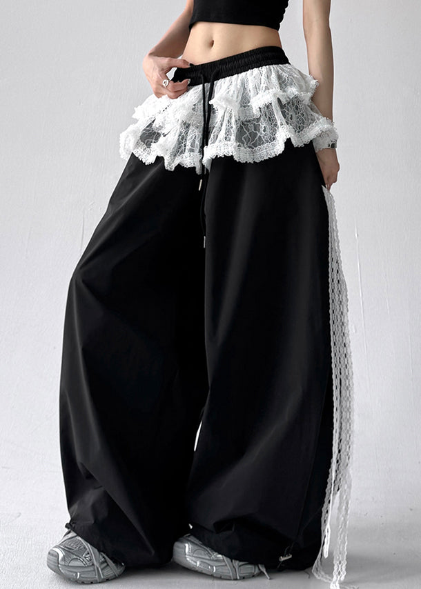Black Elastic Waist Cotton Fall Pants Lace Asymmetrical Fall