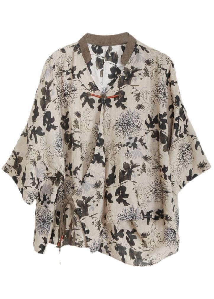 Art Beige Print Oriental Ramie Shirts Fall