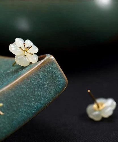 Diy White Sterling Silver Overgild Inlaid Jade Plum Blossom Stud Earrings