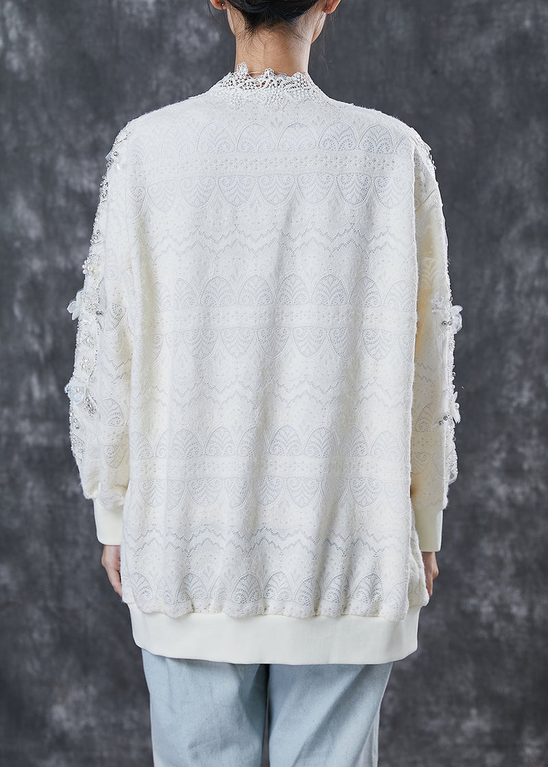 White Patchwork Lace Cardigan Oversized Nail Bead Spring