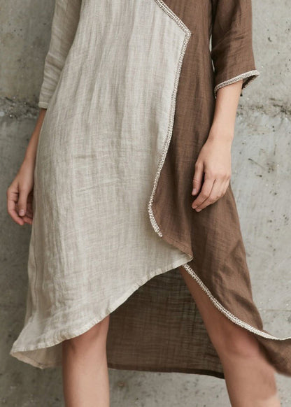 Fitted Colorblock Asymmetrical Patchwork Cotton Holiday Dress Bracelet Sleeve
