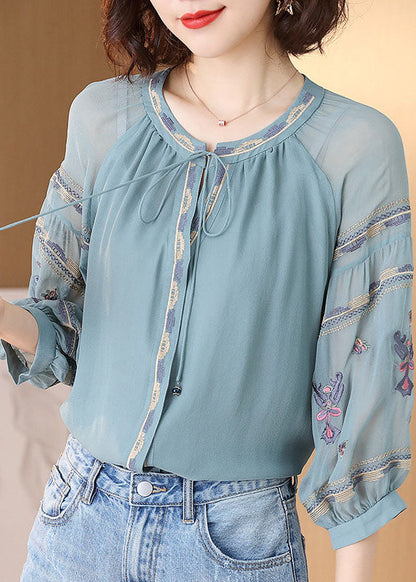 Light Blue O-neck Drawstring Embroideried Silk Tops Spring