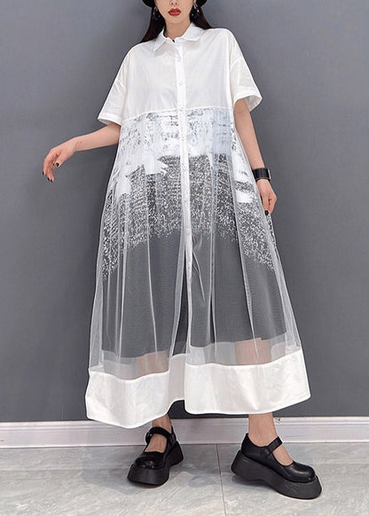 White Peter Pan Collar Patchwork Tulle Dress Short Sleeve