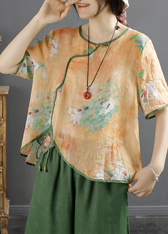 Natural Blue Embroideried Patchwork Print Linen Shirt Summer