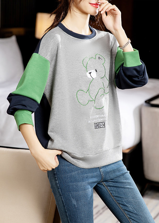Grey O-neck Embroideried Patchwork Cotton Sweatshirt Long Sleeve