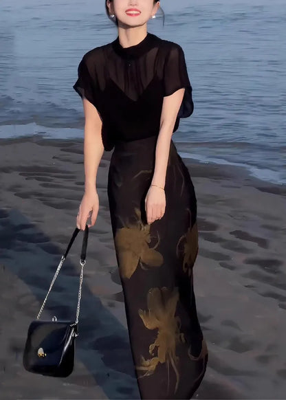 Italian Black Lace Up Tops and Print Skirts Chiffon Two Pieces Set Summer