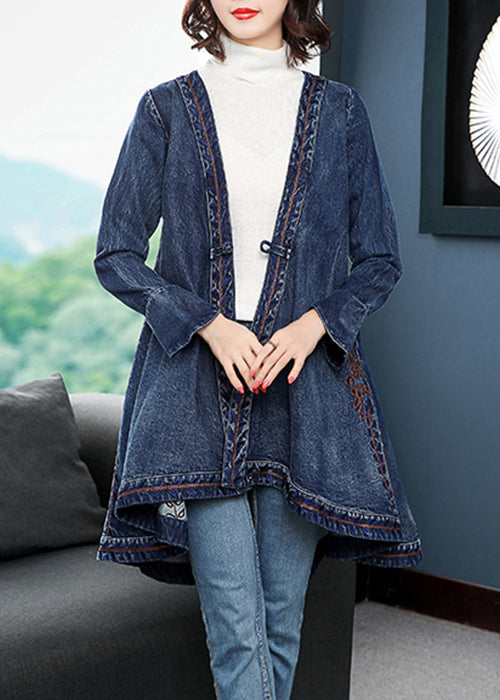 Blue Low High Design V Neck Embroideried Cotton Denim Trench Coats Long Sleeve