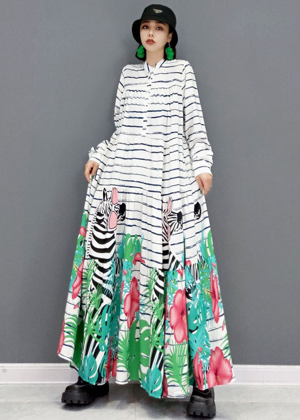 White Stand Collar Striped Print Cotton Party Long Dress Long Sleeve