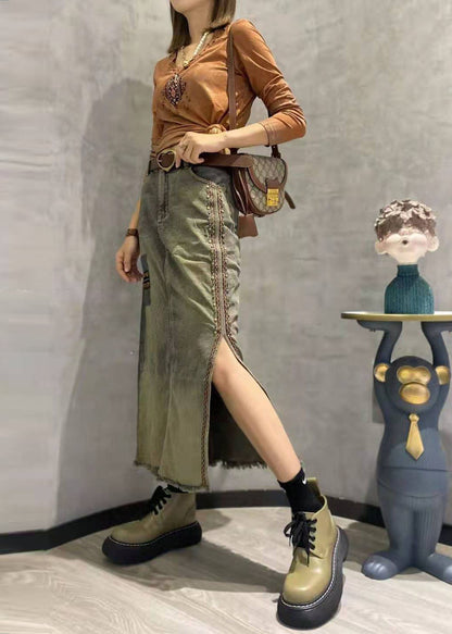 Photo Color Side Open Patchwork Tasseled Denim Skirt Summer