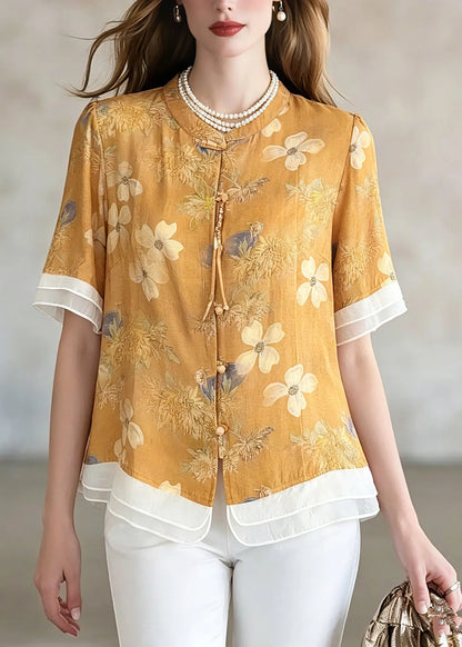 Yellow Print Shirts Short Sleeve Summer