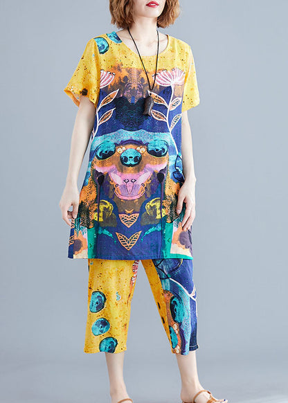 Yellow Cotton Tops and Pants Set Outfits O-neck Summer