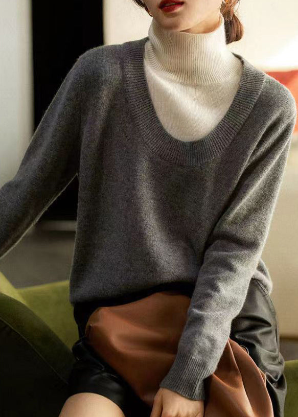 Grey Hign Neck Thick Patchwork Woolen Knit Pullover Fall