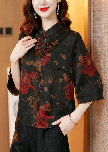 Fine Black Stand Collar Print Silk Two Piece Set Clothing Half Sleeve