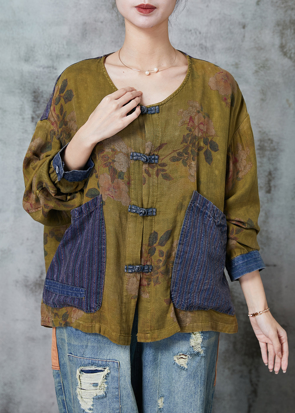 Grass Green Chinese Button Patchwork Linen Top Spring