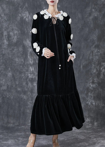 Modern Black Lace Up Silk Velour Maxi Dress Spring