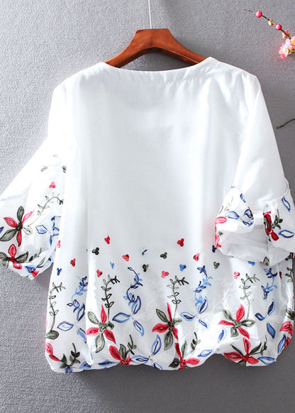 White O-neck Embroideried Chiffon Tops Lantern Sleeve