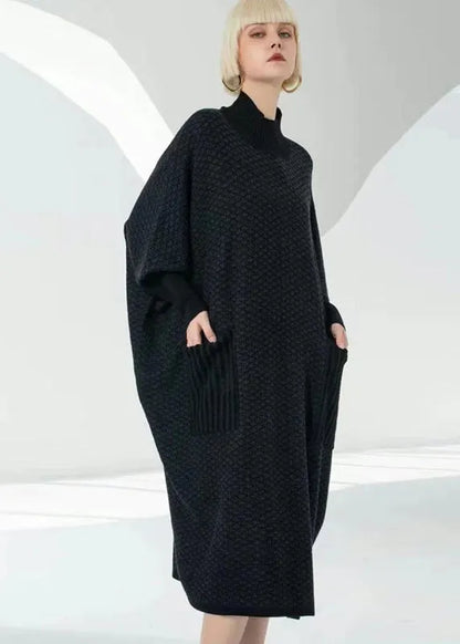 Chocolate Turtle Neck Patchwork Pockets Wool Sweater Dress Long Sleeve