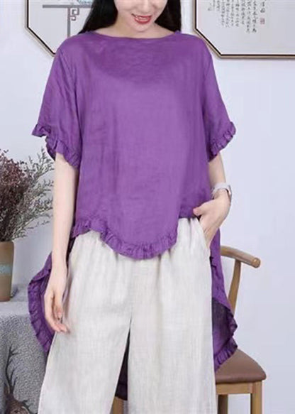 Rose Asymmetrical Ruffled Patchwork Linen Tops Summer