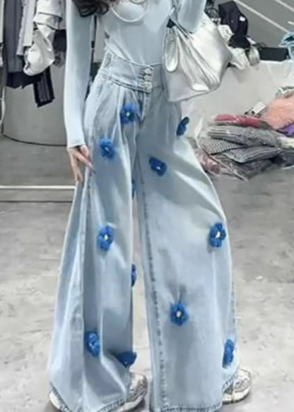Modern Black Button High Waist Denim Wide Leg Pants Fall