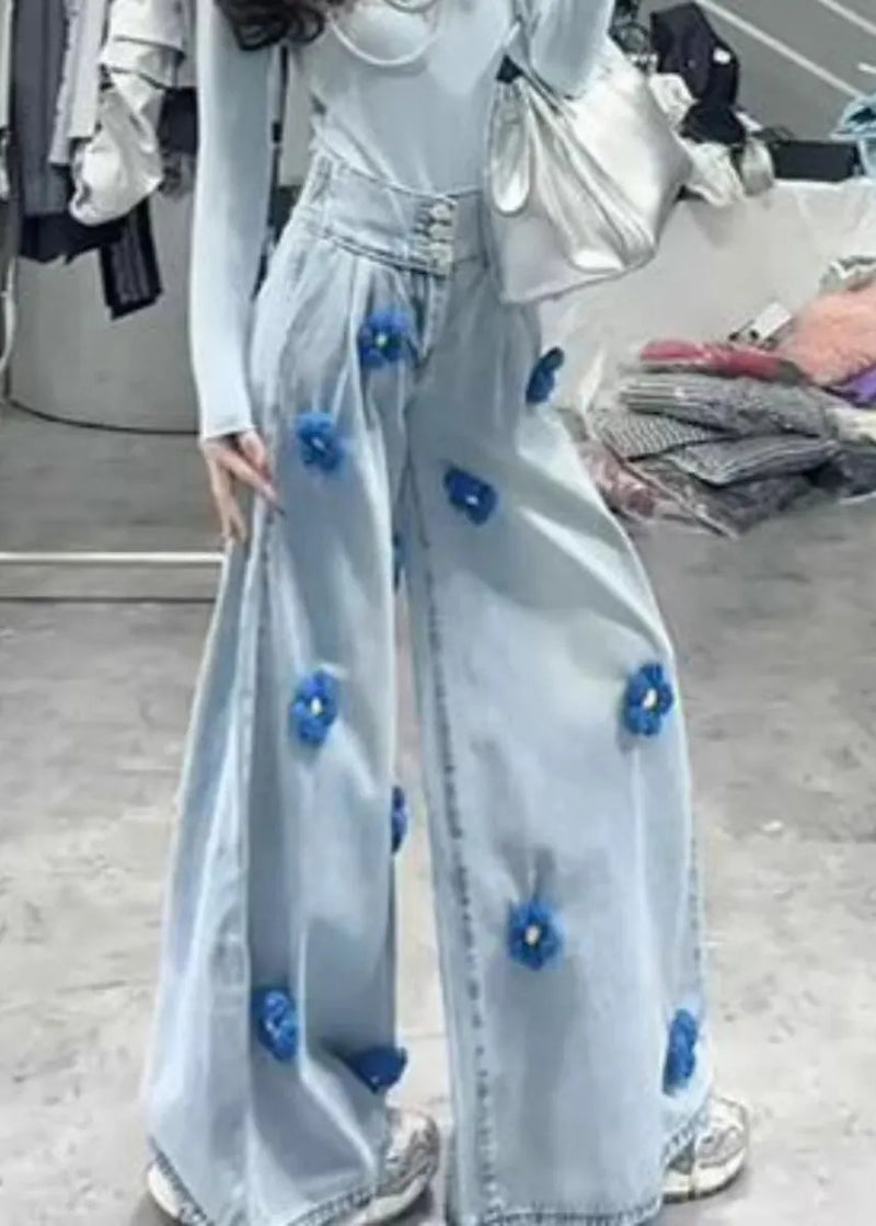 Modern Black Button High Waist Denim Wide Leg Pants Fall