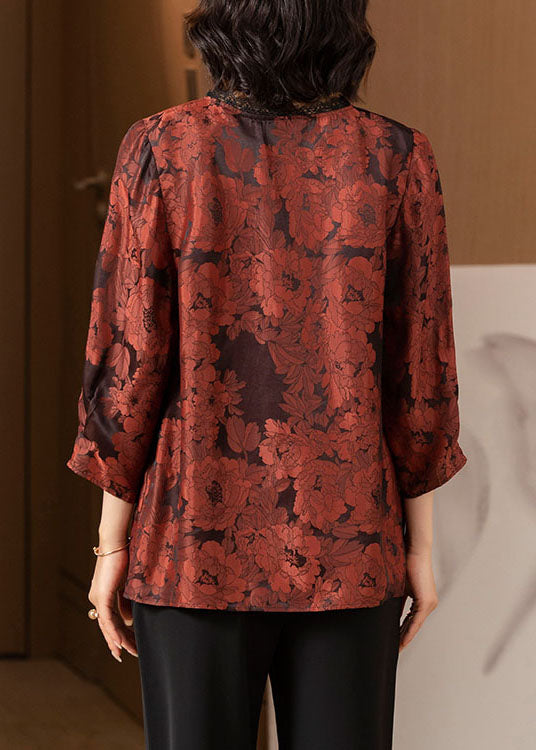 Brick Red O-neck Lace Patchwork Draping Silk Shirt Top Bracelet Sleeve