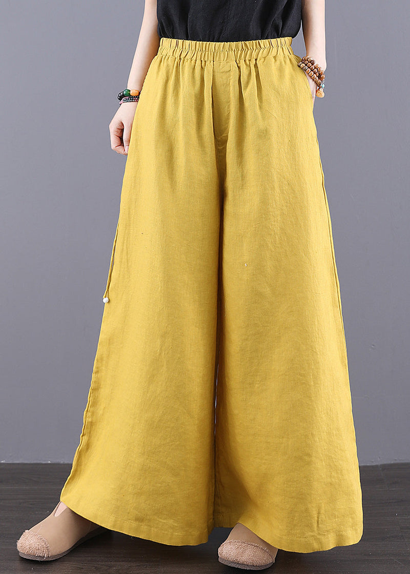 Yellow Elastic Waist Pockets Linen Pants Summer