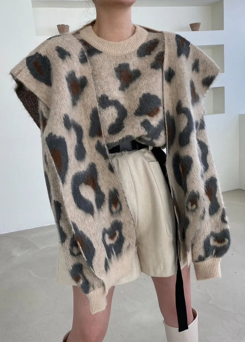 Jacquard Khaki O Neck Shawl and Sweater Knit Two Pieces Set Winter