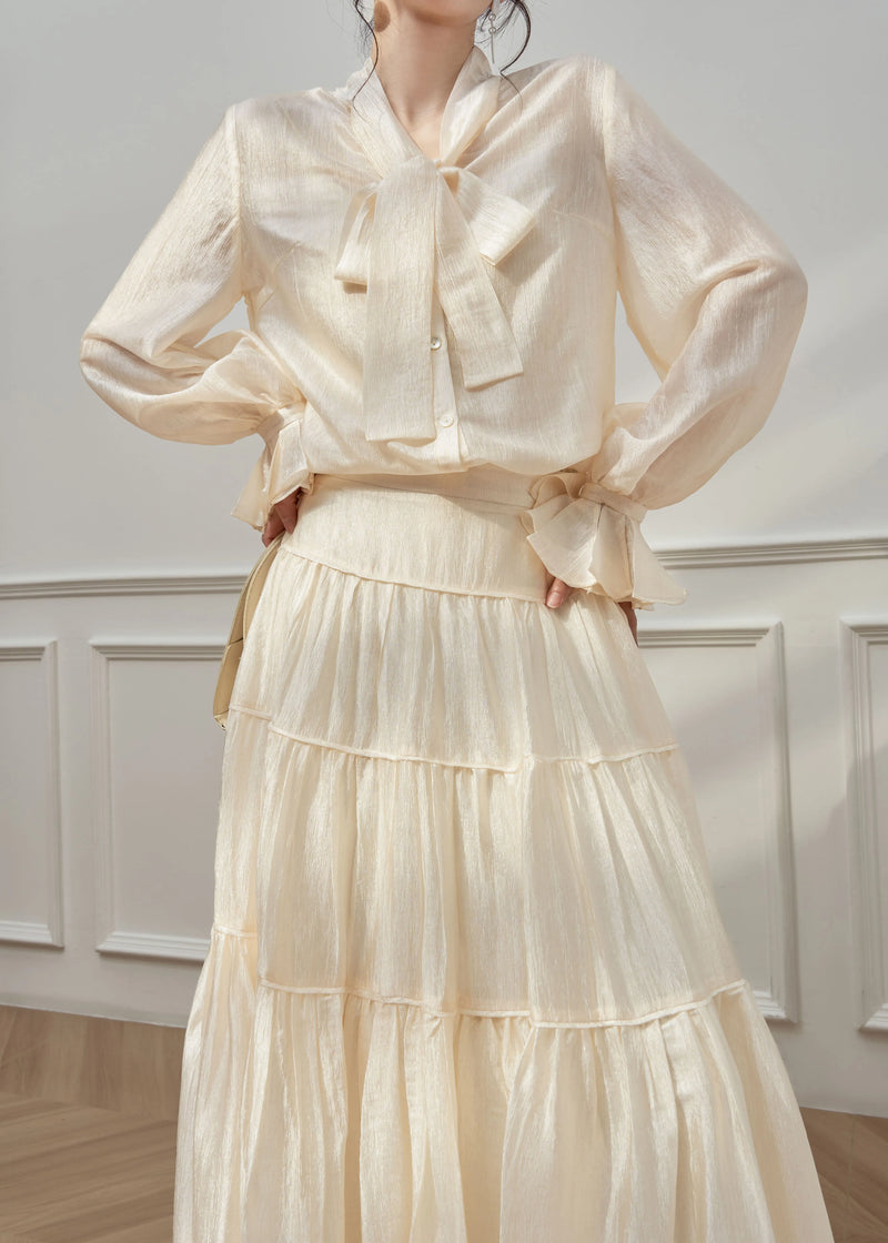 Apricot Petal Sleeve Shirts and Skirts Silk Two Pieces Set Spring
