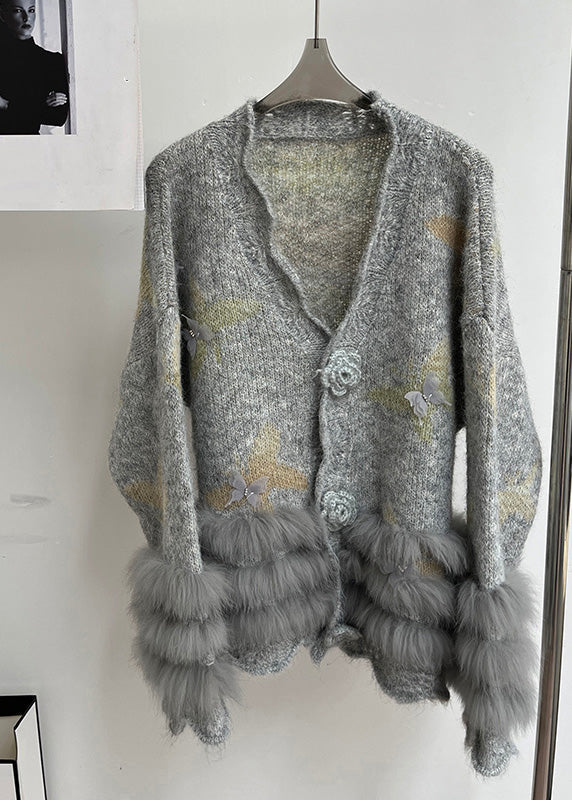 Modern Light Grey V Neck Fur Cotton Knit Cardigans Spring
