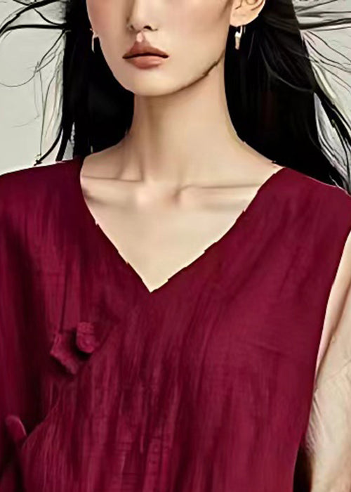 Mulberry V Neck Patchwork Linen Blouse Top Summer