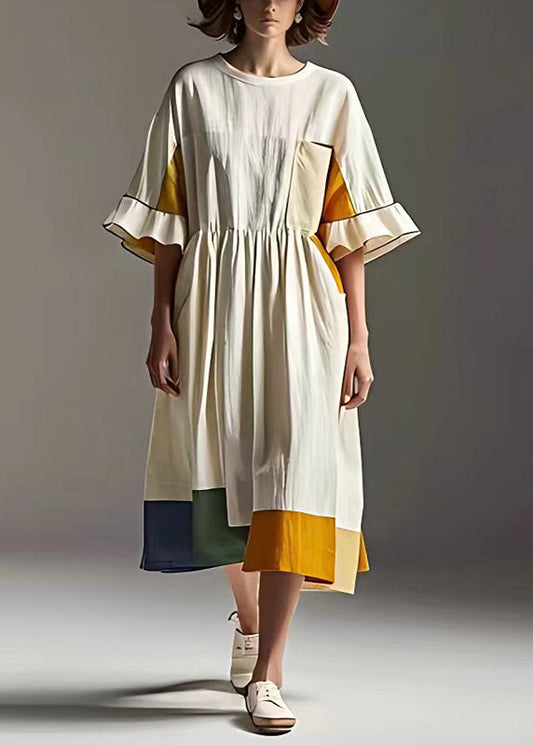 White Cinched Patchwork Cotton Vacation Dresses Summer