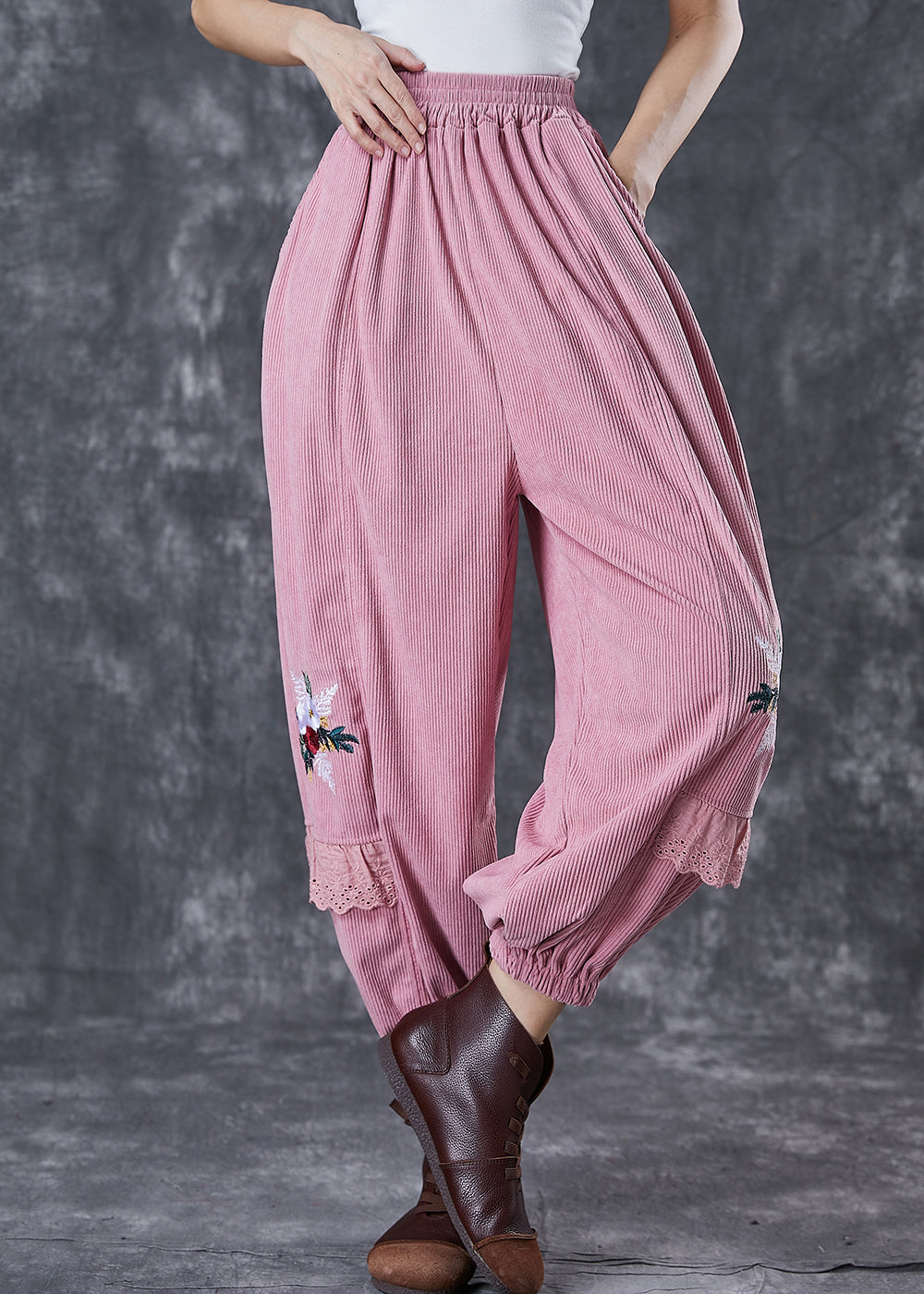 Pink Patchwork Corduroy Harem Pants Embroideried Fall
