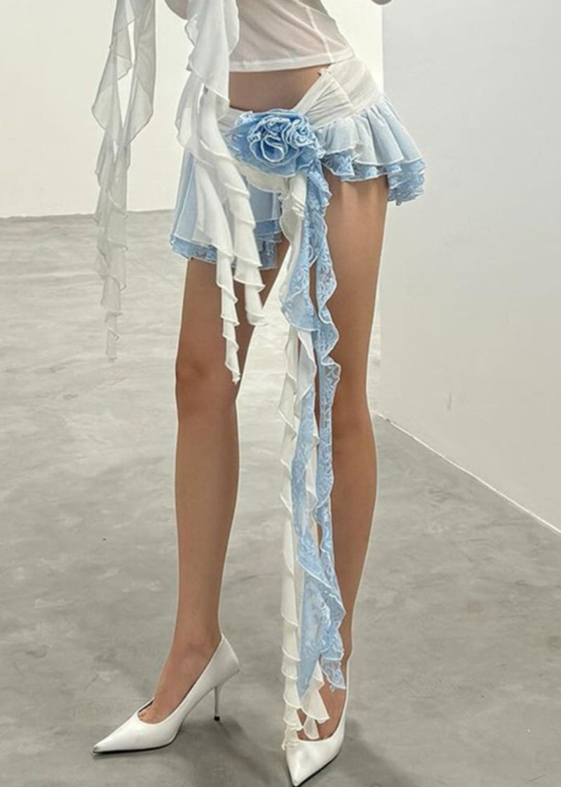 Blue Asymmetrical Elastic Waist Lace Skirts Summer